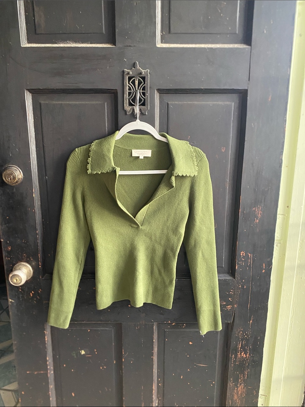 Sezane Olive Green Ribbed V-Neck Sweater with Notched Collar